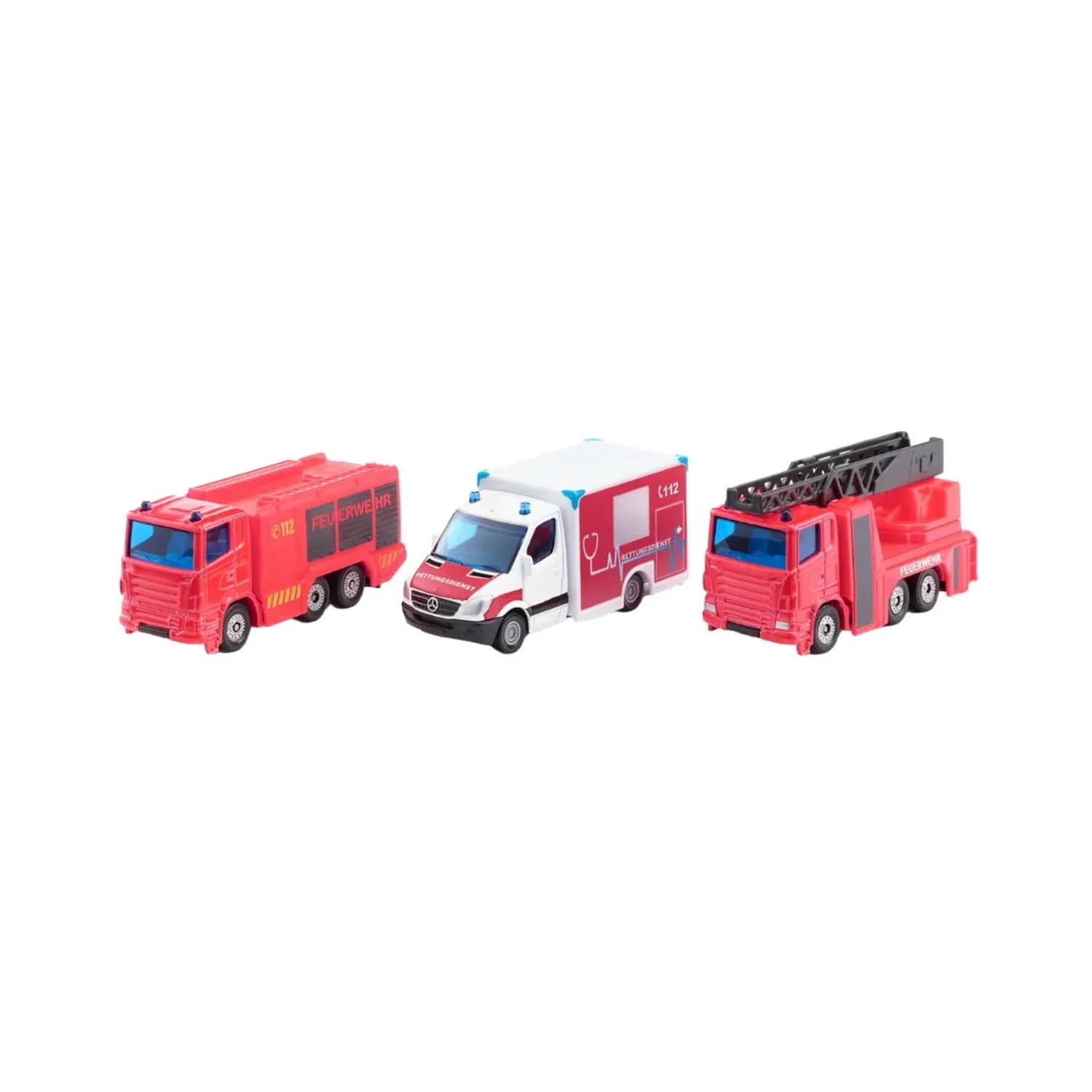 Set Trei Mașini Metalice pentru Urgențe Siku 6326 - Ambulanță și Camioane Pompieri