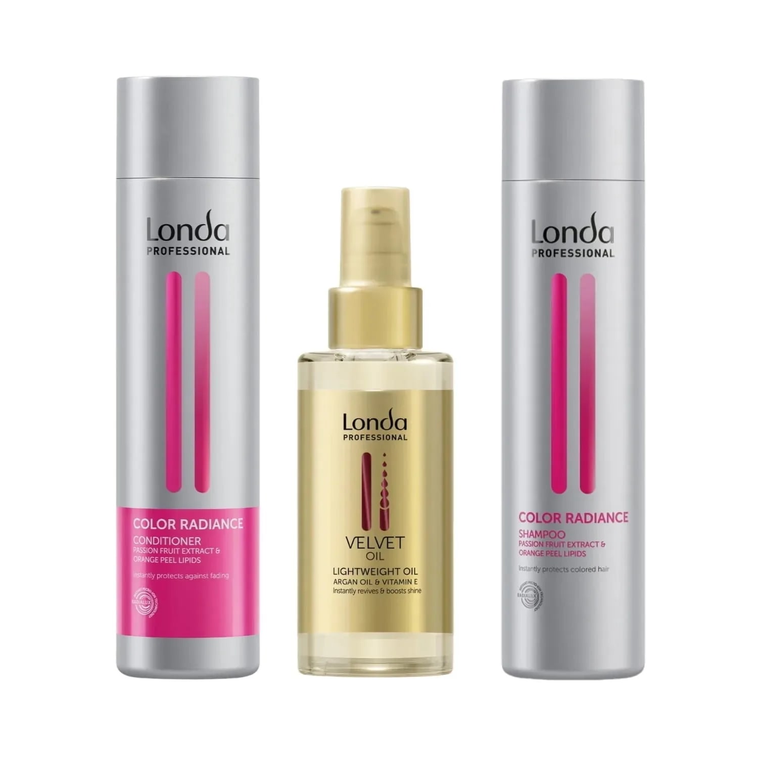 Pachet pentru păr vopsit Londa Professional Color Radiance, Șampon 250 ml, Conditioner 250 ml, Ulei de păr Velvet Oil 100 ml