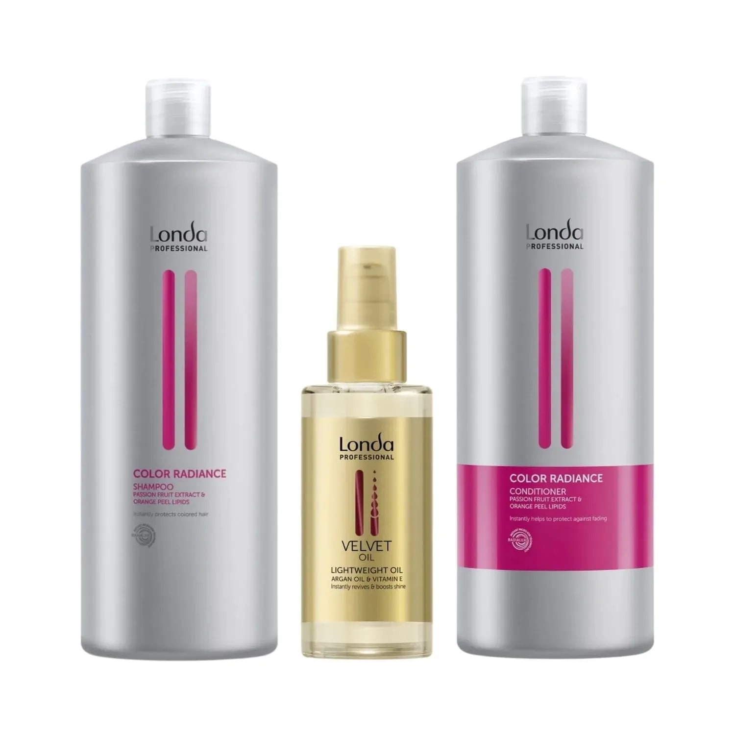 Pachet pentru păr vopsit Londa Professional Color Radiance, Șampon 1000 ml, Conditioner 1000 ml, Ulei de păr Velvet Oil 100 ml
