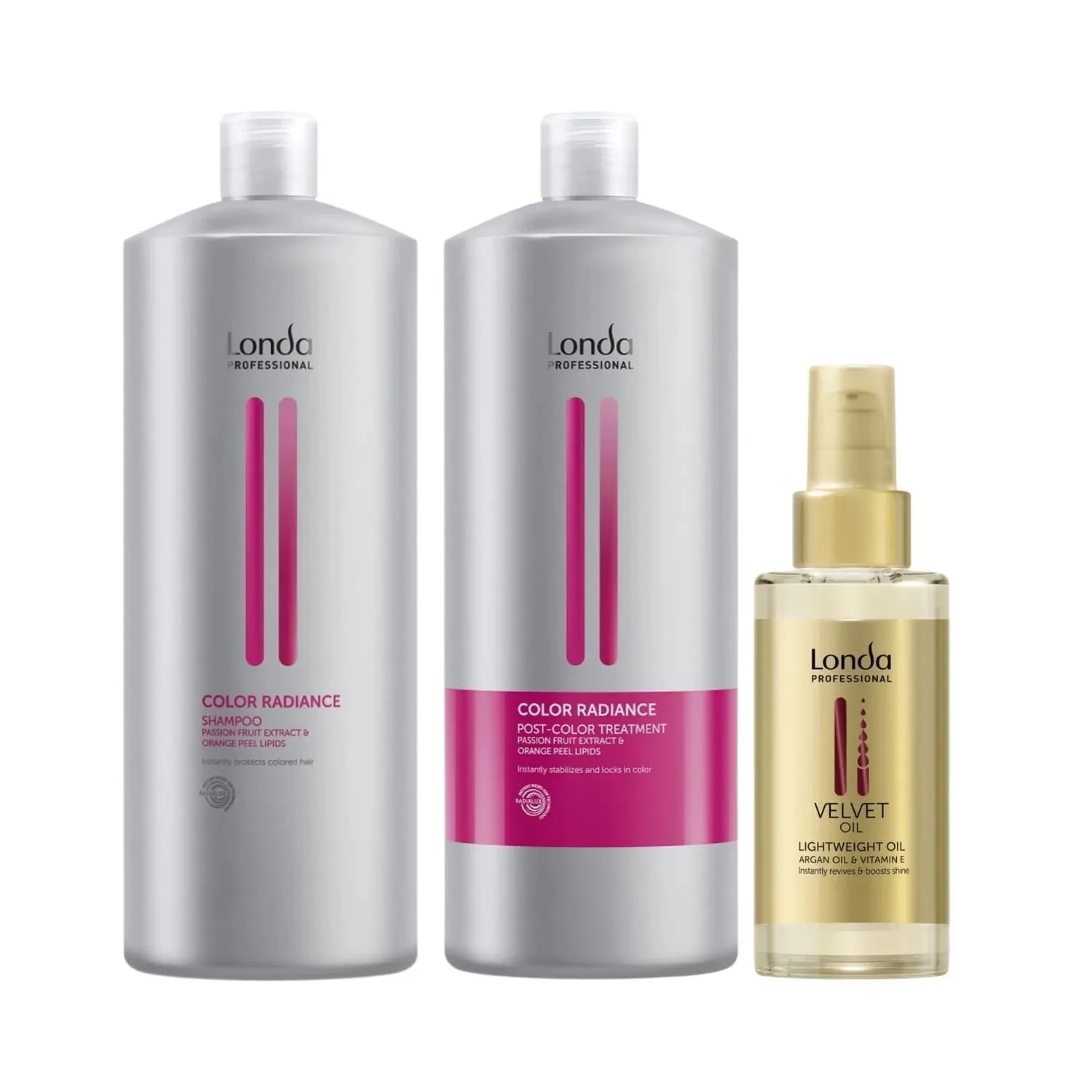 Pachet pentru păr vopsit Londa Professional Color Radiance: Șampon 1000 ml, Post Color Tratament 1000 ml, Ulei de păr Velvet Oil 100 ml