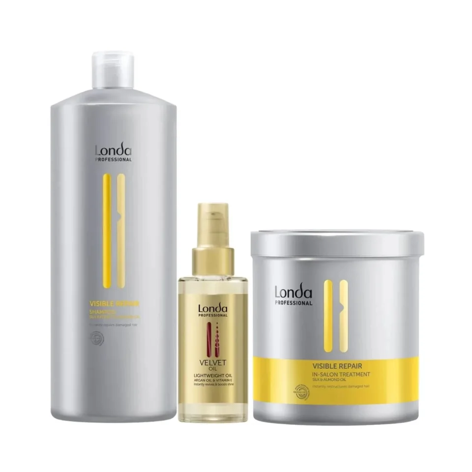 Pachet pentru păr deteriorat Londa Professional, Șampon Visible Repair 1000 ml, Tratament Visible Repair 750 ml, Velvet Oil 100 ml
