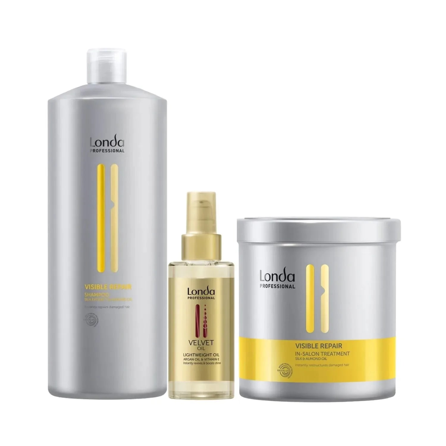 Pachet pentru păr deteriorat Londa Professional, Șampon Visible Repair 1000 ml, Tratament Visible Repair 750 ml, Velvet Oil 100 ml