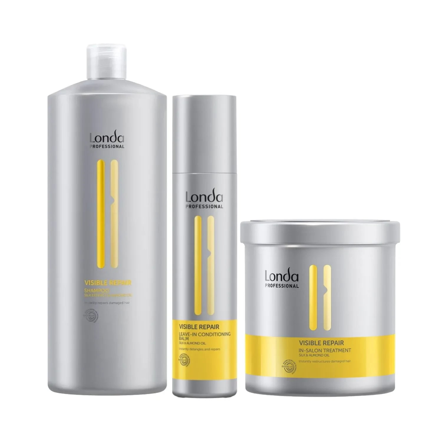 Pachet pentru păr deteriorat Londa Professional, Șampon Visible Repair 1000 ml, Balsam Visible Repair Leave-In 250 ml, Tratament Visible Repair 750 ml