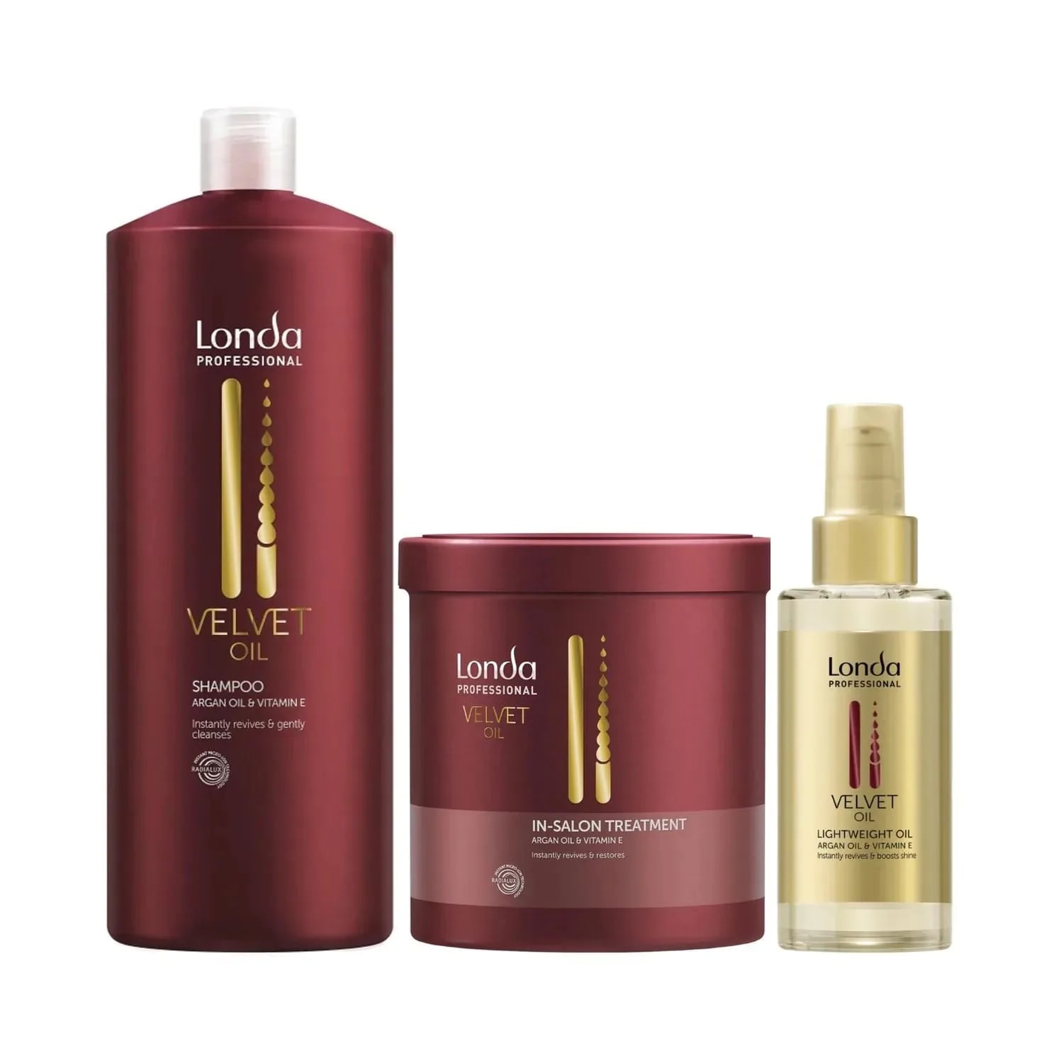 Pachet pentru păr uscat Londa Professional Velvet Oil, Șampon 1000 ml, Tratament 750 ml, Velvet Oil 30 ml