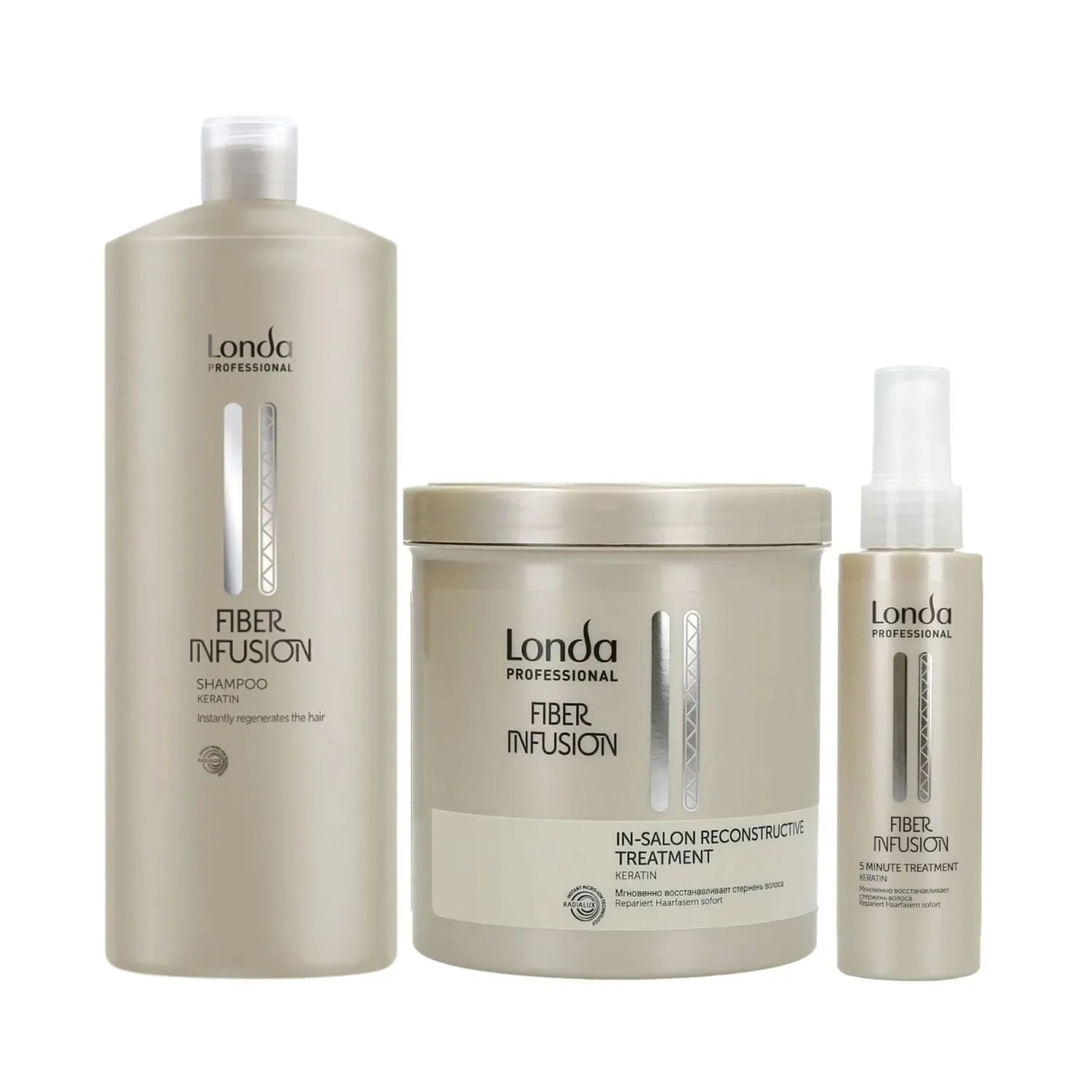 Pachet pentru păr deteriorat Londa Professional Fiber Infusion, Șampon 1000 ml, Tratament 750 ml, Tratament Intensiv în 5 Minute 100 ml