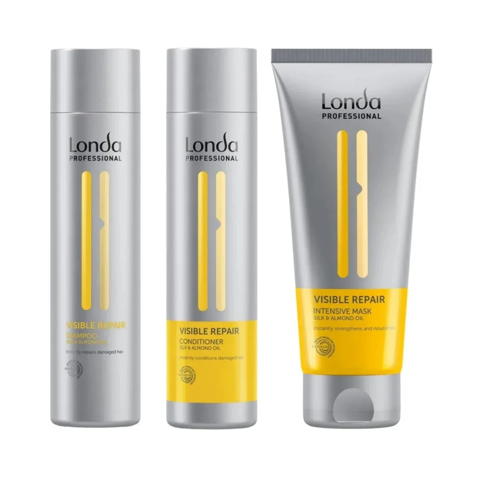Pachet pentru păr deteriorat Londa Professional, Șampon Visible Repair 250 ml, Balsam Visible Repair 250 ml, Tratament Visible Repair 200 ml