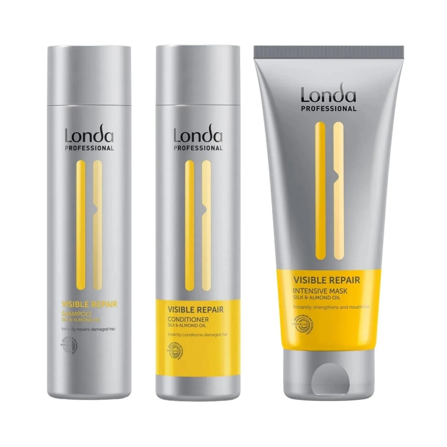 Pachet pentru păr deteriorat Londa Professional, Șampon Visible Repair 250 ml, Balsam Visible Repair 250 ml, Tratament Visible Repair 200 ml