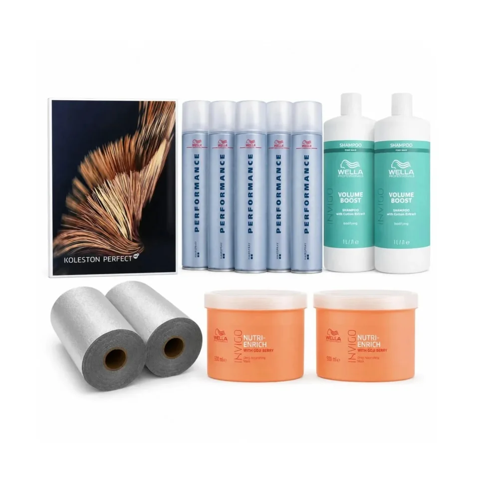 Set Wella Professionals pentru volum, styling și îngrijirea părului deteriorat, cu Volume Boost, Nutri-Enrich, folie Embo și catalog de culori Wella inclus