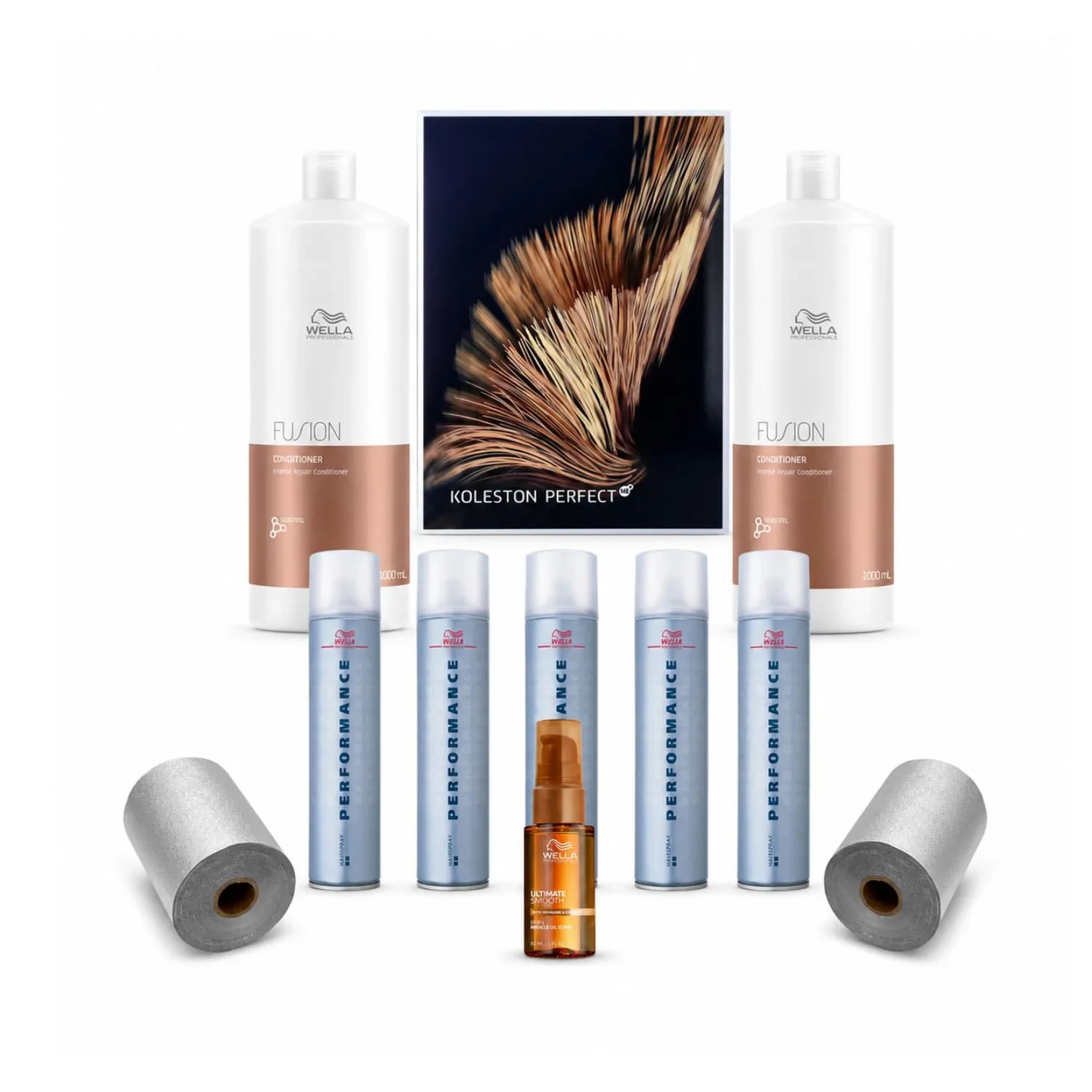 Set Wella Professionals pentru styling și repararea părului deteriorat, cu Fusion, Ultimate Smooth Oil, folie Embo și catalog de culori Wella Koleston inclus