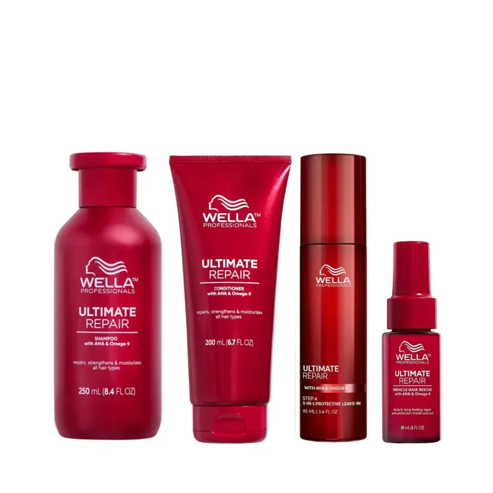 Pachet pentru par deteriorat, Wella Professionals, Ultimate Repair, Sampon 250ml + Balsam 200ml + Ser 30ml + Crema 95ml