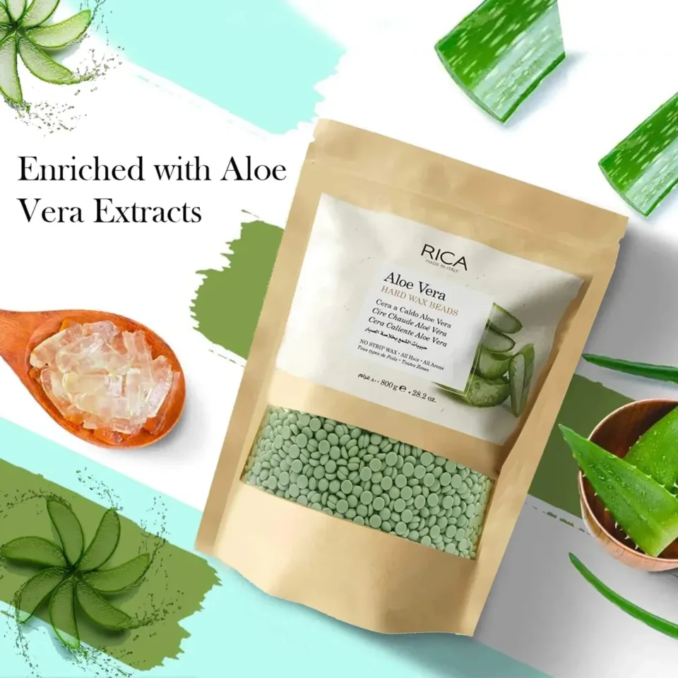 Granule de ceară fără benzi cu aloe vera pentru piele sensibilă, Rica, Aloe Vera Hard Wax Beads, 150 g — imagine 3