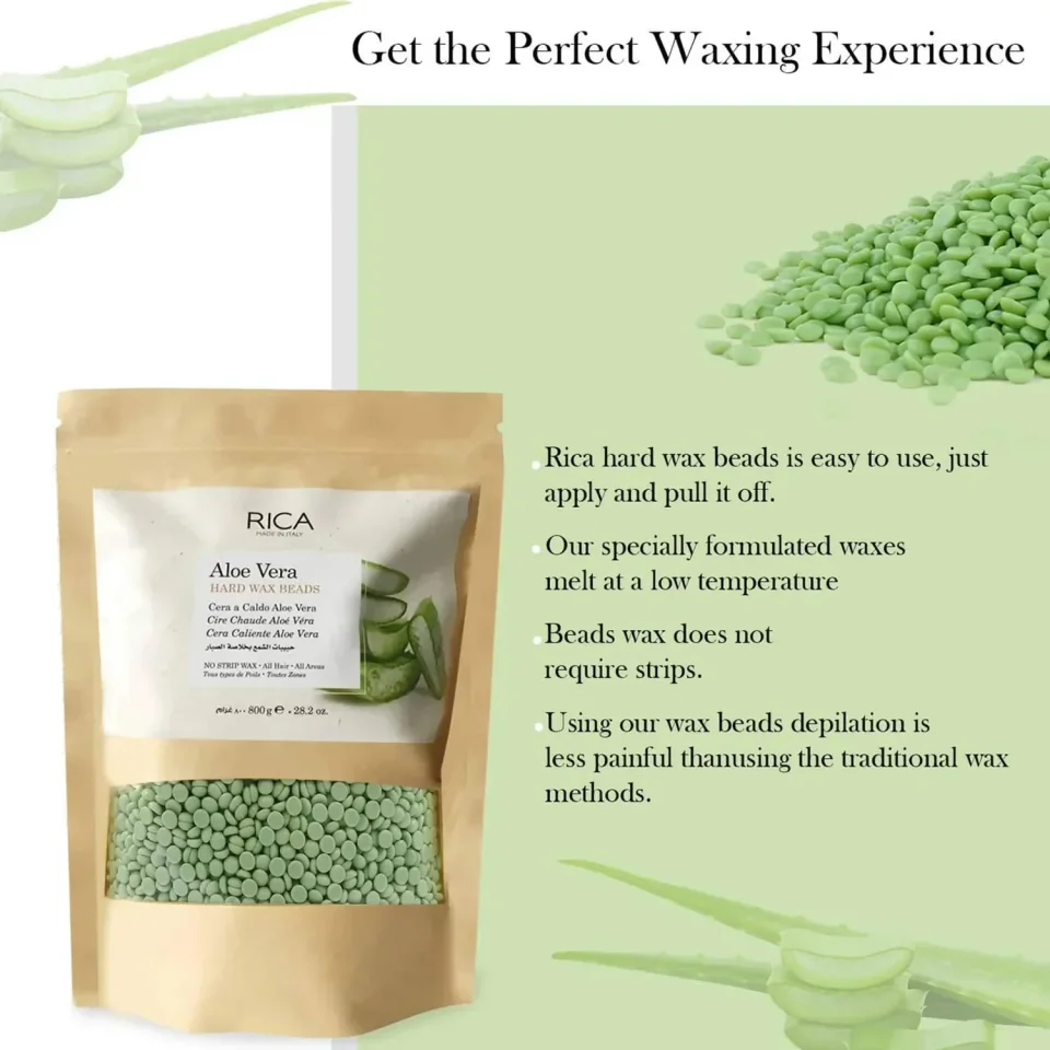 Granule de ceară fără benzi cu aloe vera pentru piele sensibilă, Rica, Aloe Vera Hard Wax Beads, 150 g — imagine 4