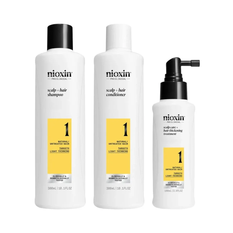 Set pentru păr natural cu subțiere ușoară, Nioxin, System 1, Șampon 300 ml, Balsam 300 ml și Tratament 100 ml