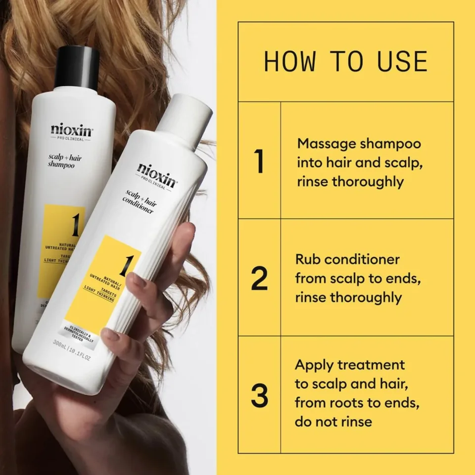 Set pentru păr natural cu subțiere ușoară, Nioxin, System 1, Șampon 300 ml, Balsam 300 ml și Tratament 100 ml — imagine 4