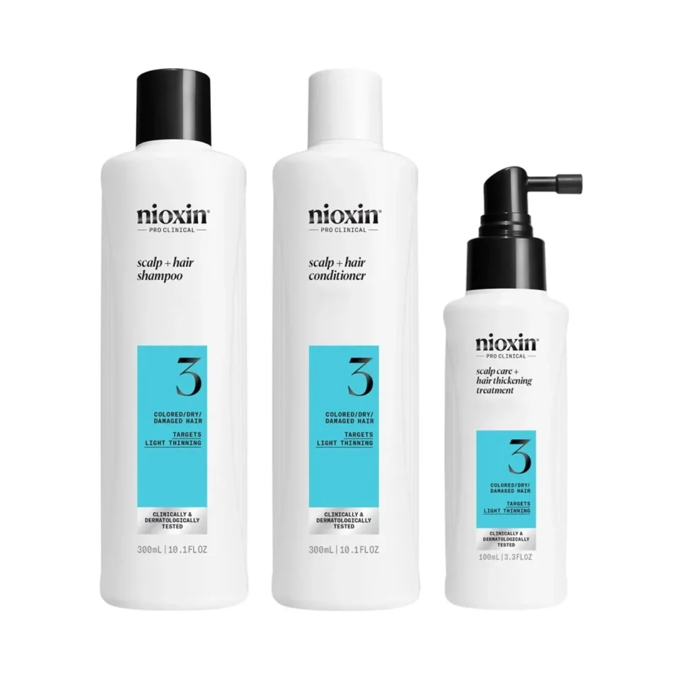 Set pentru păr vopsit cu subțiere ușoară, Nioxin, System 3, Șampon 300 ml, Balsam 300 ml și Tratament 100 ml