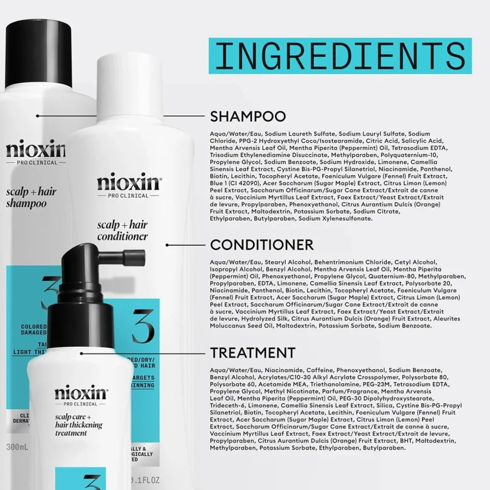 Set pentru păr vopsit cu subțiere ușoară, Nioxin, System 3, Șampon 300 ml, Balsam 300 ml și Tratament 100 ml — imagine 4