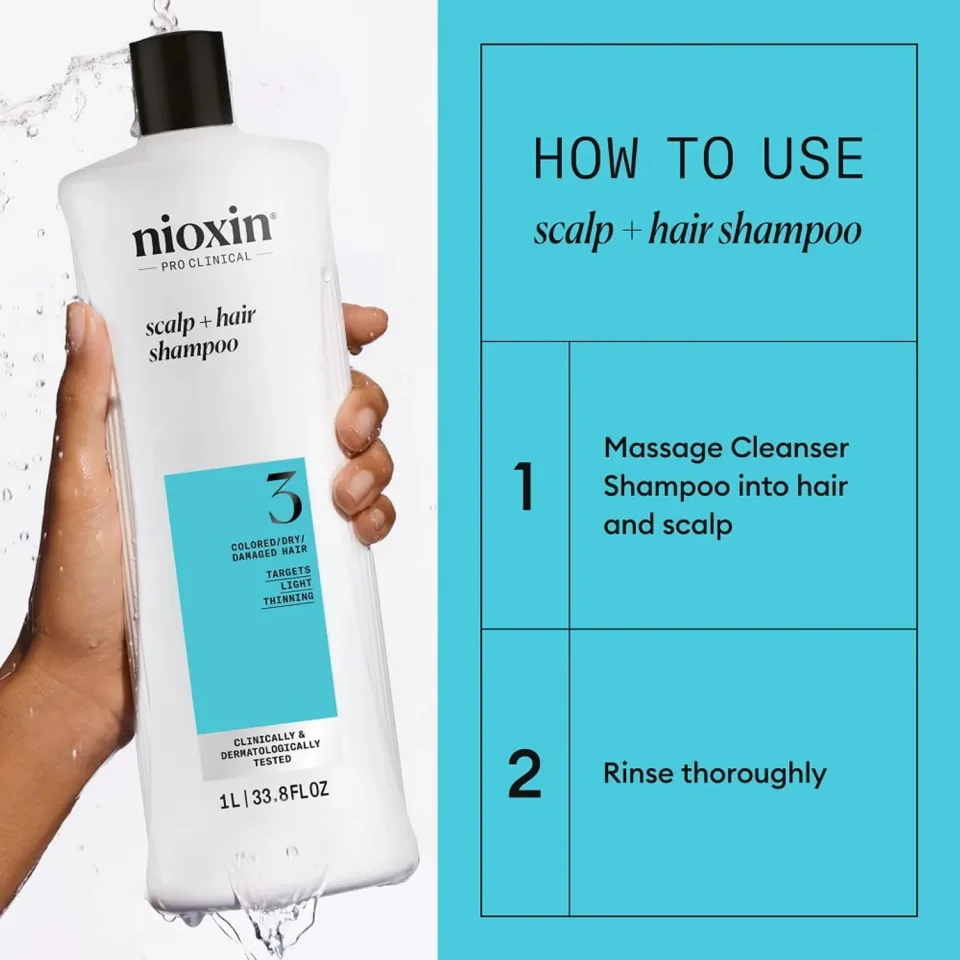 Șampon pentru păr vopsit cu subțiere ușoară, Nioxin, System 3 Shampoo 1000 ml — imagine 3
