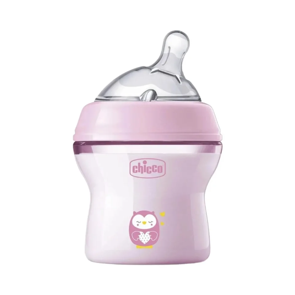 Biberon cu tetina din silicon, Chicco, Natural Feeling, 150ml, Roz 0-3 luni