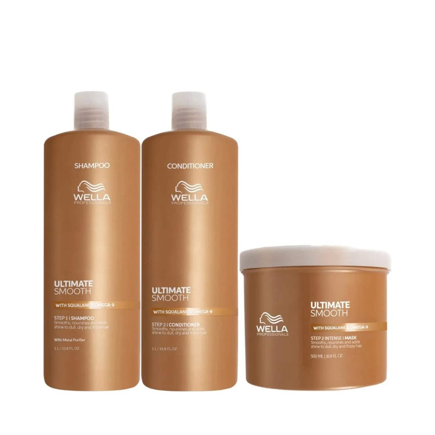 Set pentru par uscat si lipsit de stralucire cu efect anti-electrizare, Wella Professionals, Ultimate Smooth, Sampon 1000ml + Balsam 1000ml + Mask 500ml