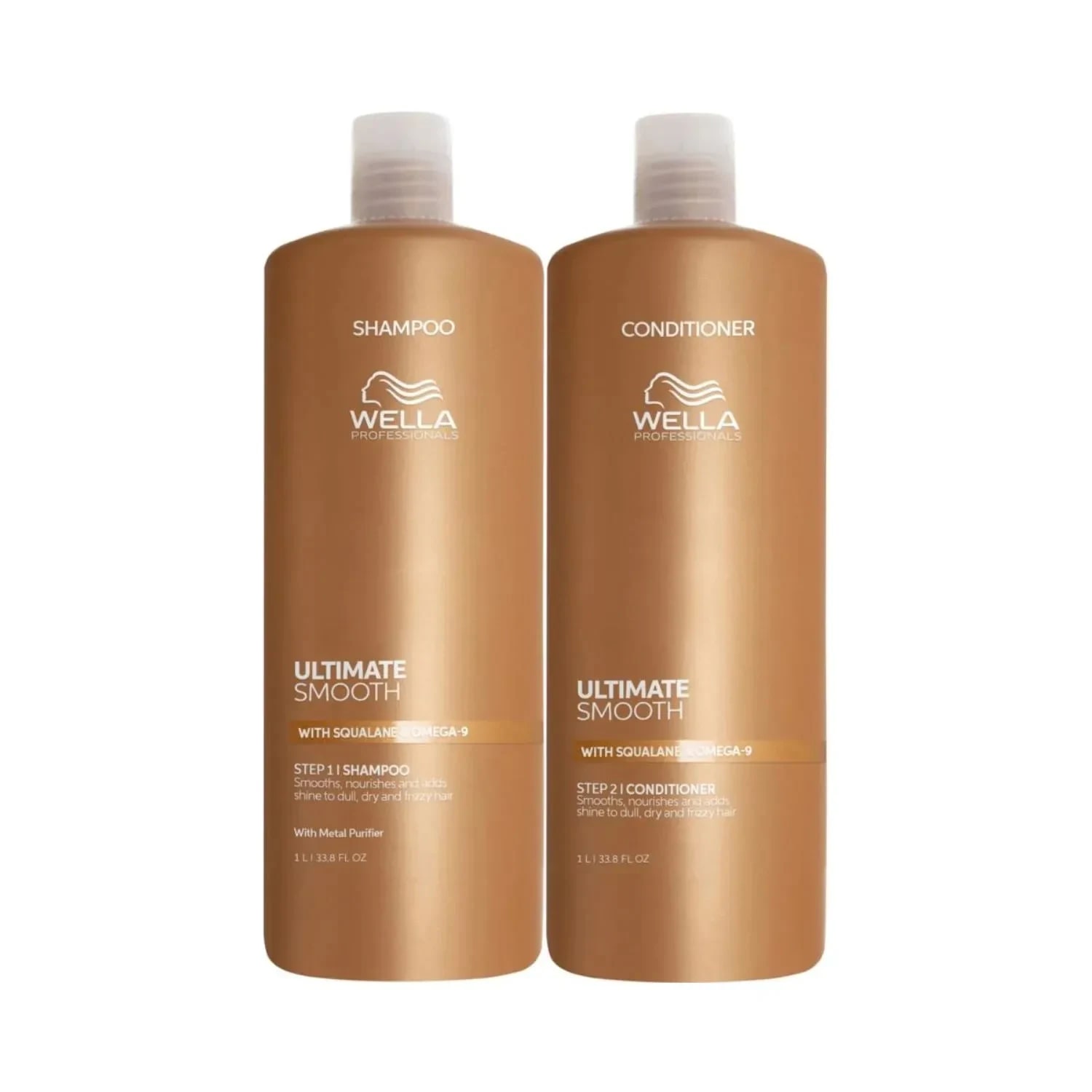 Set pentru par uscat si lipsit de stralucire cu efect anti-electrizare, Wella Professionals, Ultimate Smooth, Sampon 1000ml + Balsam 1000ml
