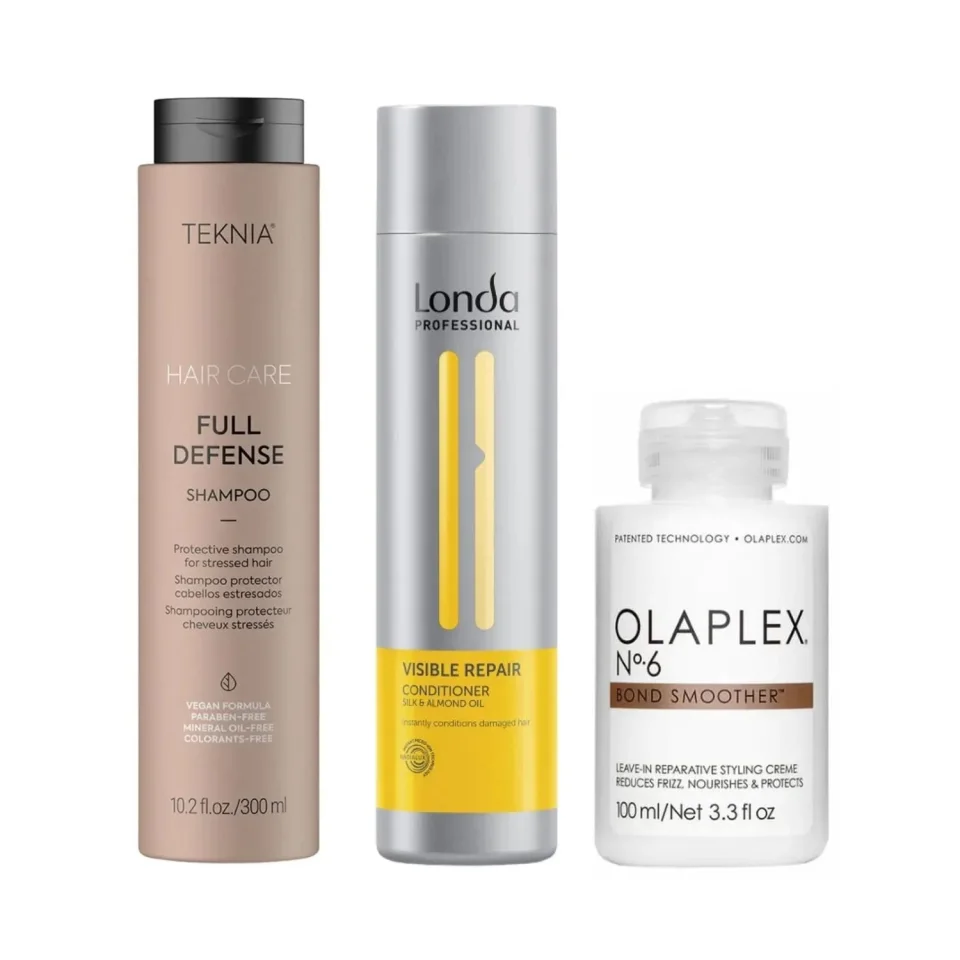 Pachet pentru păr blond, Lakme Full Defense Shampoo 300 ml, Londa Professional Visible Repair Conditioner 250 ml, Olaplex No.6 Bond Smoother 100 ml