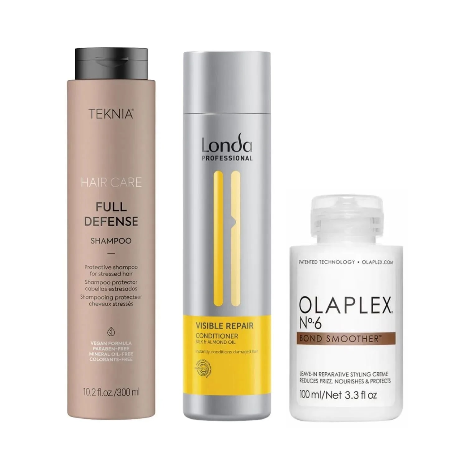 Pachet pentru păr blond, Lakme Full Defense Shampoo 300 ml, Londa Professional Visible Repair Conditioner 250 ml, Olaplex No.6 Bond Smoother 100 ml