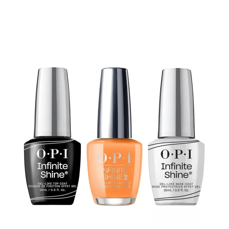 Set pentru manichiura, OPI Infinite Shine, Base Coat 15ml + Lac de unghii No Tan Lines 15ml + Top Coat 15ml