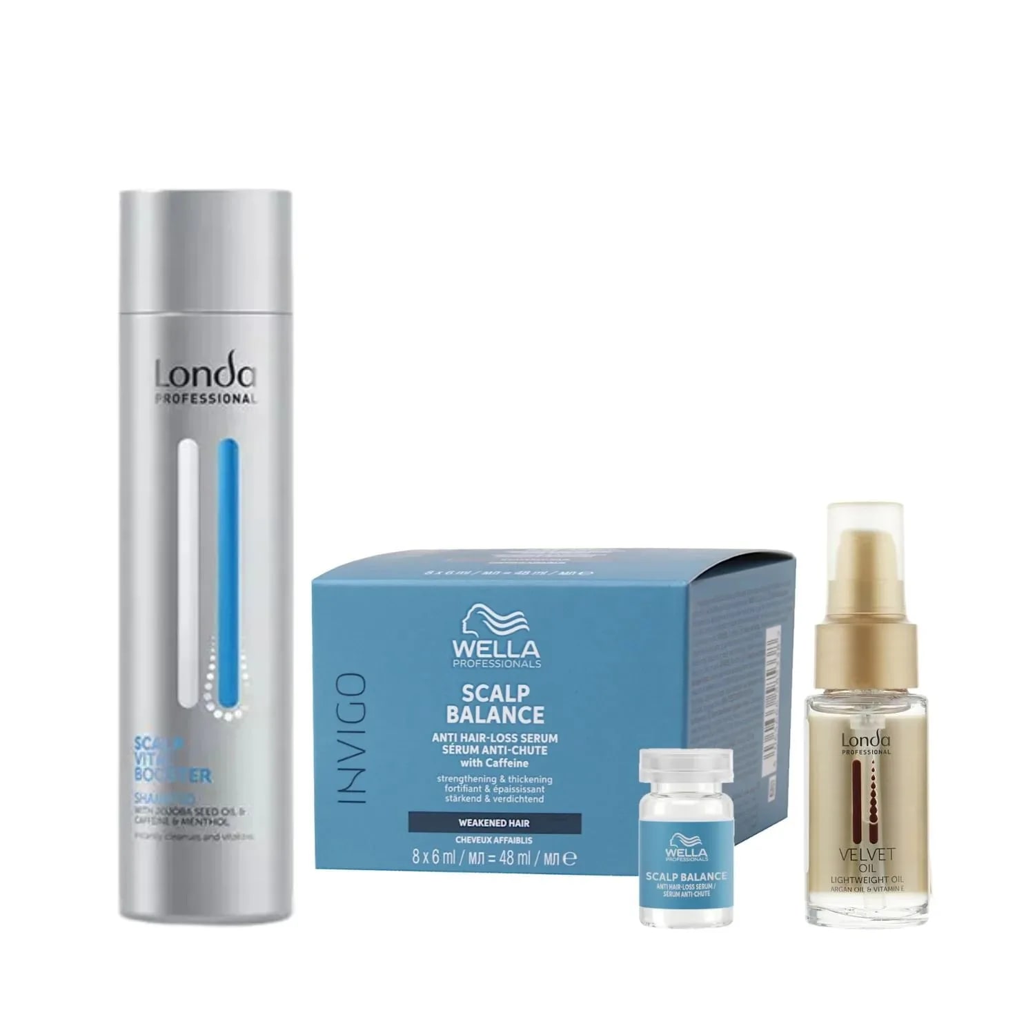 Pachet împotriva căderii părului, Londa Professional Vital Booster Shampoo 250 ml, Wella Professionals Balance Anti Hair Loss Serum 8 x 6 ml, Londa Professional Velvet Oil 30 ml