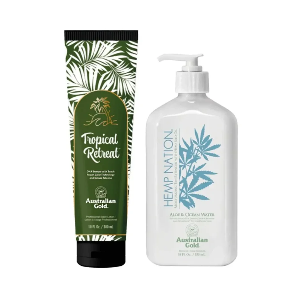 Set complet pentru plajă cu produse pentru bronz și hidratare Australian Gold Tropical Retreat DHA Bronzer 300ml și Hemp Nation Aloe&Ocean Water 535ml