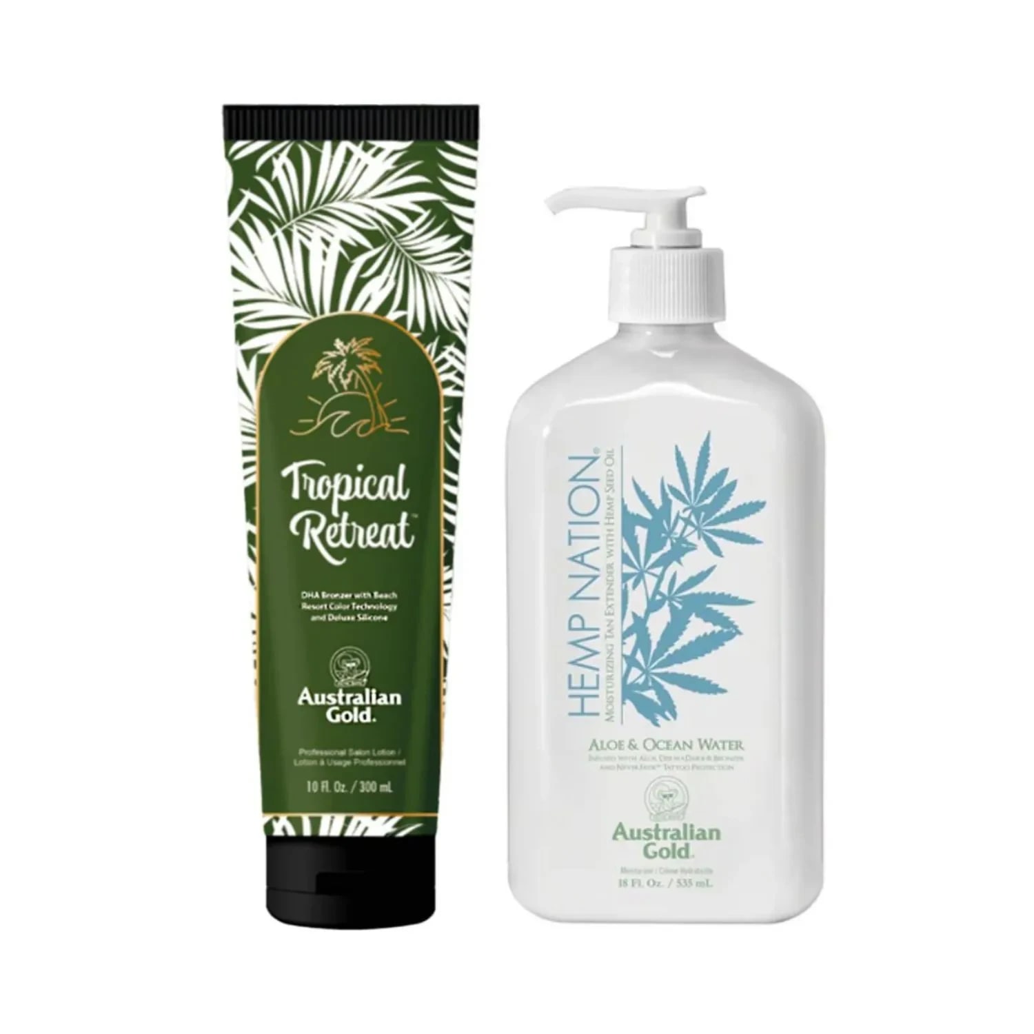 Set complet pentru plajă cu produse pentru bronz și hidratare Australian Gold Tropical Retreat DHA Bronzer 300ml și Hemp Nation Aloe&Ocean Water 535ml
