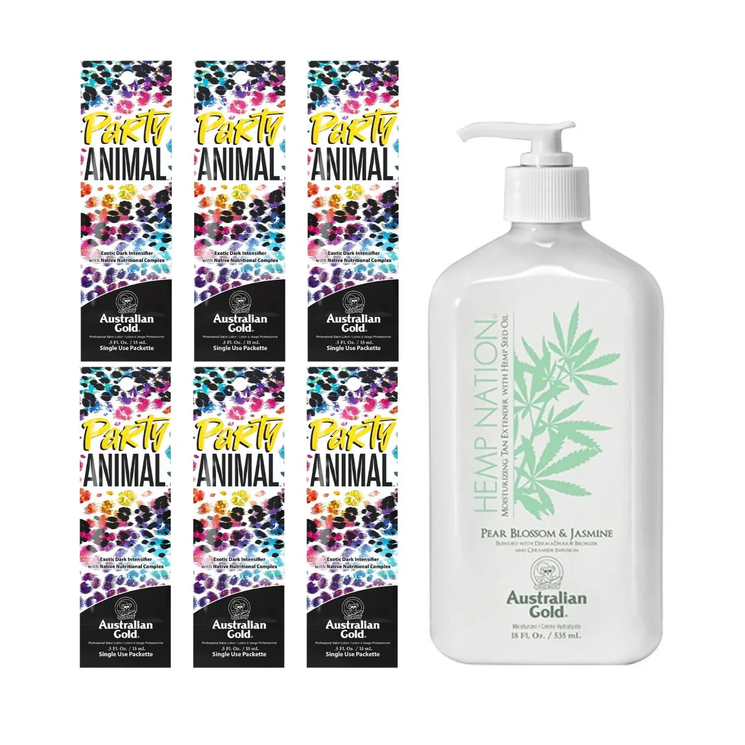 Set pentru bronz rapid și hidratare completă cu Australian Gold Party Animal 15ml x 6 buc. și Pear Blossom Jasmine 535ml