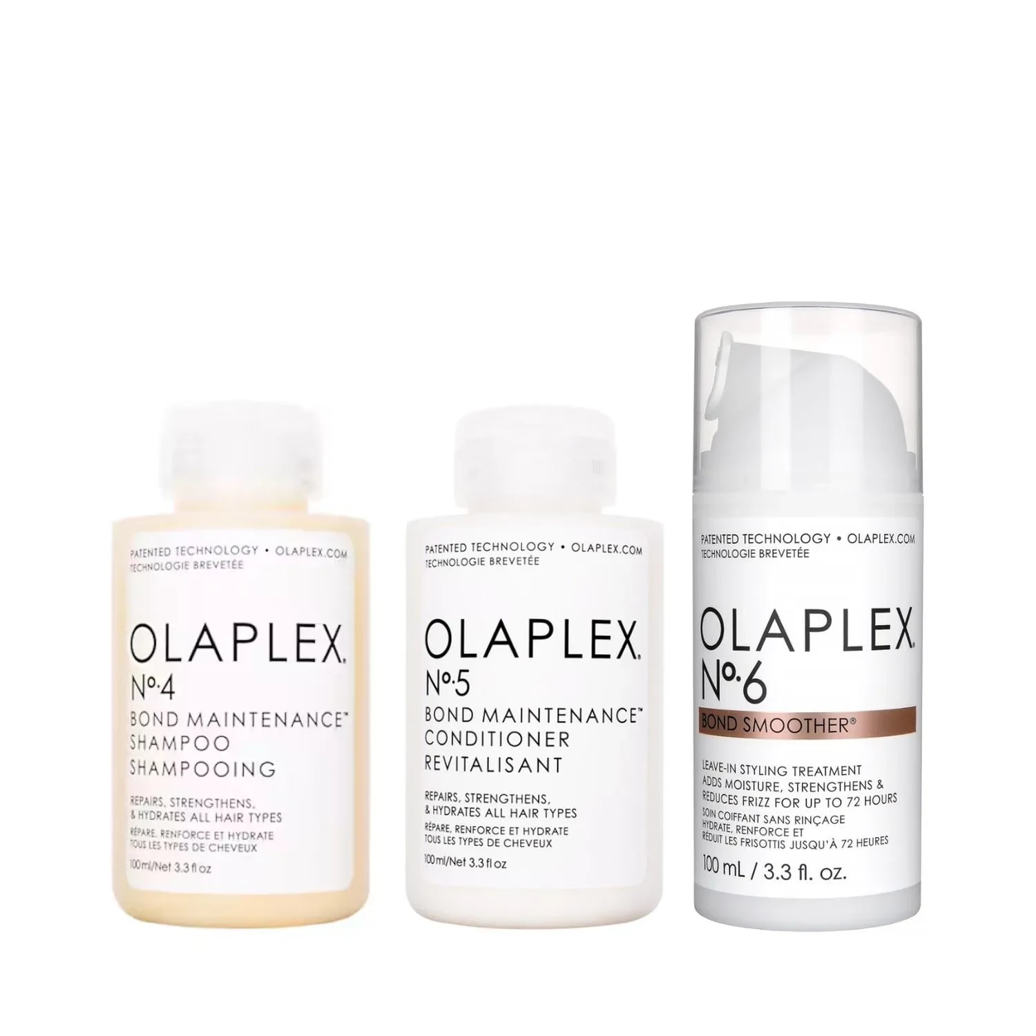 Pachet pentru reparare și hidratare Olaplex Bond Maintenance, Șampon No.4 100 ml, Balsam No.5 100 ml, Tratament No.6 100 ml