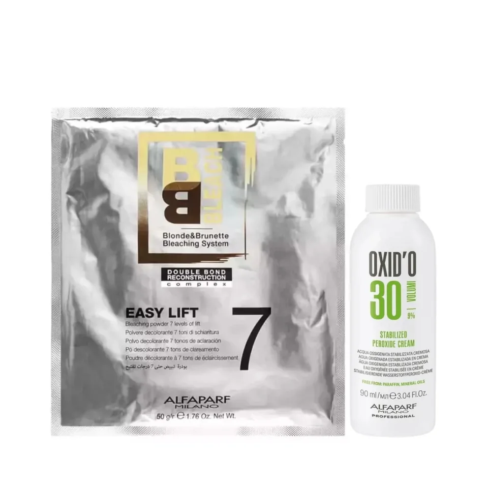 Pachet pentru decolorare păr Alfaparf 2, Pudră 50gr 7 tonuri + Oxidant crema 9% 30 Volumi 90ml