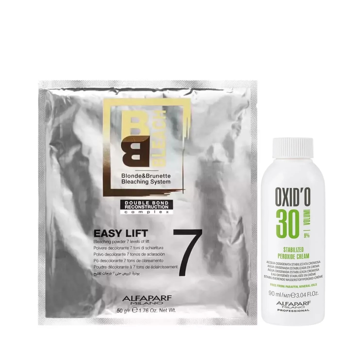 Pachet pentru decolorare păr Alfaparf 2, Pudră 50gr 7 tonuri + Oxidant crema 9% 30 Volumi 90ml