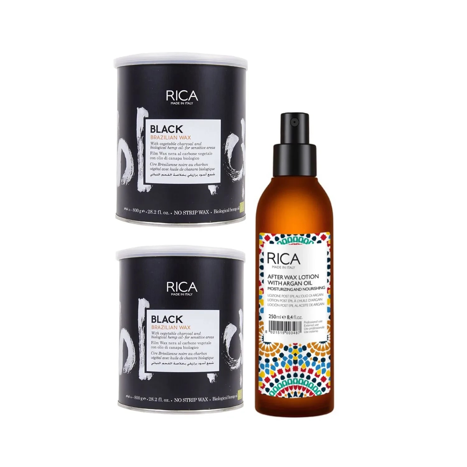 Pachet pentru epilat 1, RICA Black Liposoluble Wax 800 ml 2 buc. + RICA Argan Oil After Wax Lotion 250 ml