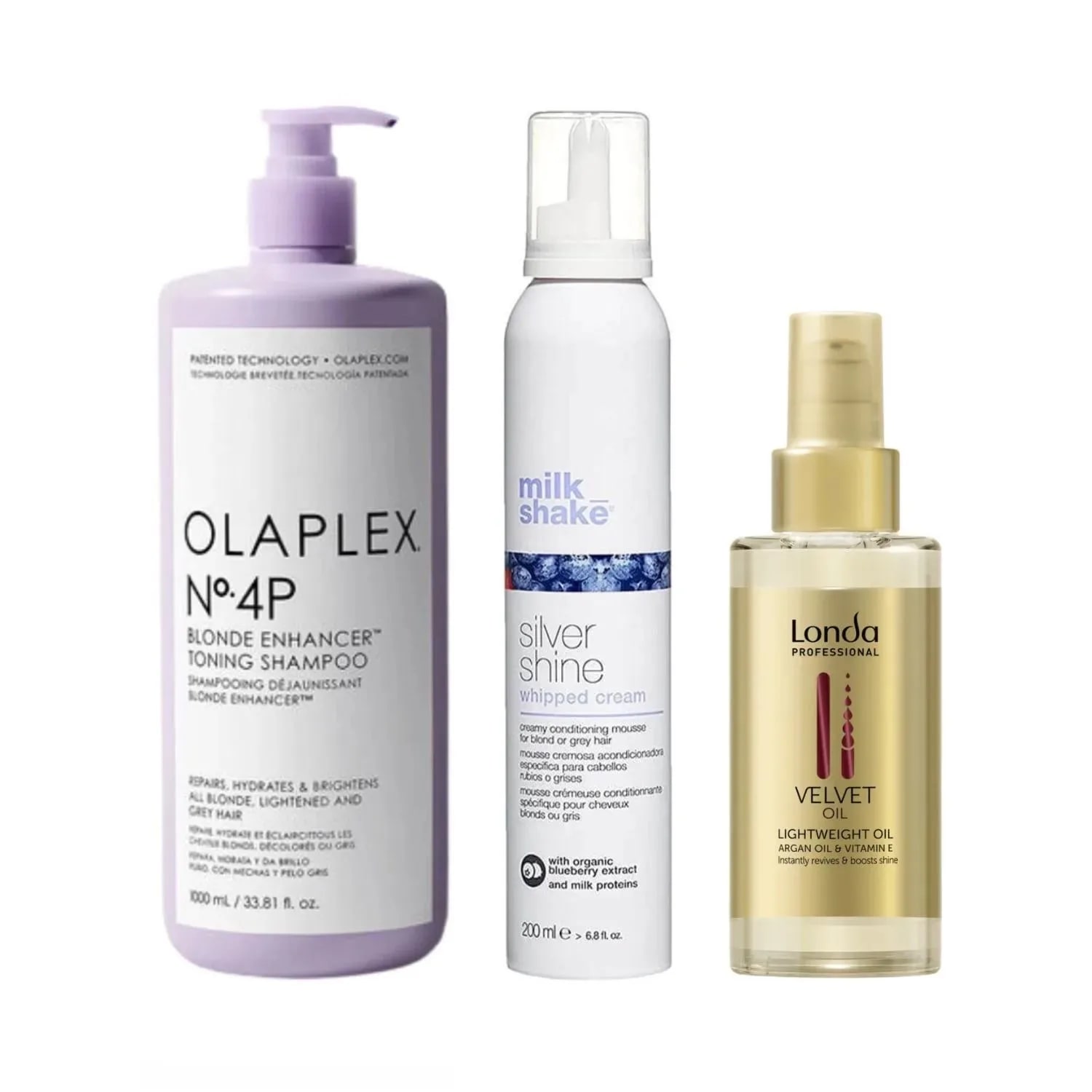 Pachet pentru păr blond, Olaplex Blonde Enhancer Toning Shampoo 1000 ml, Milk Shake Silver Shine Whipped Cream 200 ml, Londa Professional Velvet Oil 100 ml