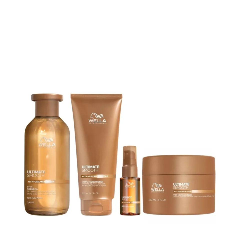 Set pentru par uscat si lipsit de stralucire cu efect anti-electrizare, Wella Professionals, Ultimate Smooth, Sampon 250ml + Balsam 200ml + Ser 30ml + Mask 150ml