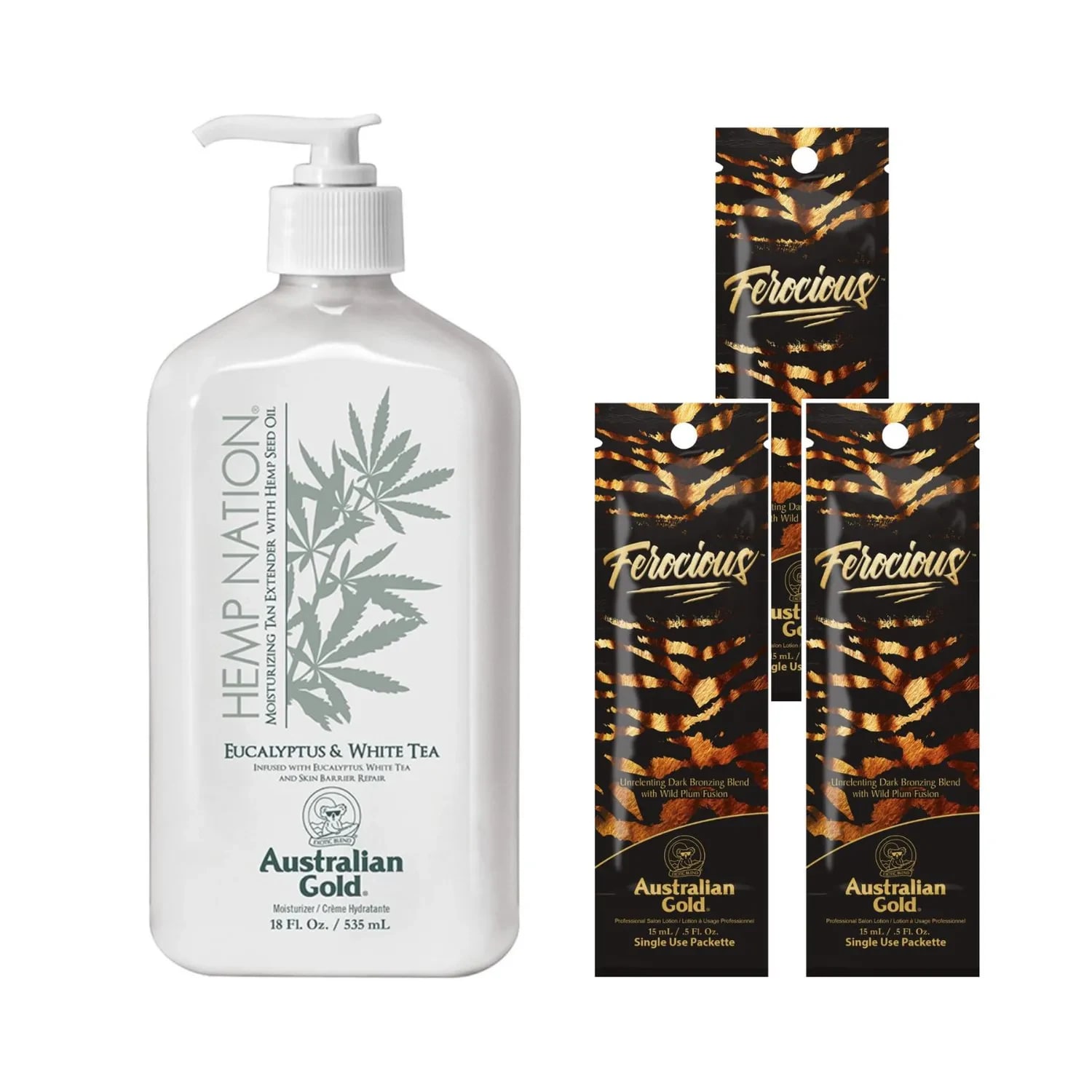 Pachet pentru plaja, Australian Gold, Eucalyptus&White Tea 535ml + Ferocious 15ml