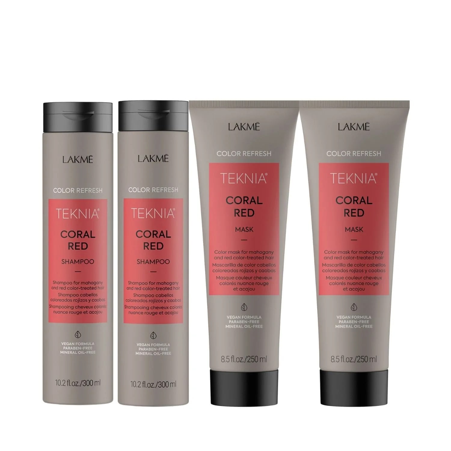 Set pentru parul vopsit rosu, Lakme, Coral Red, 2 x Sampon 300ml + 2 x Tratament 250ml