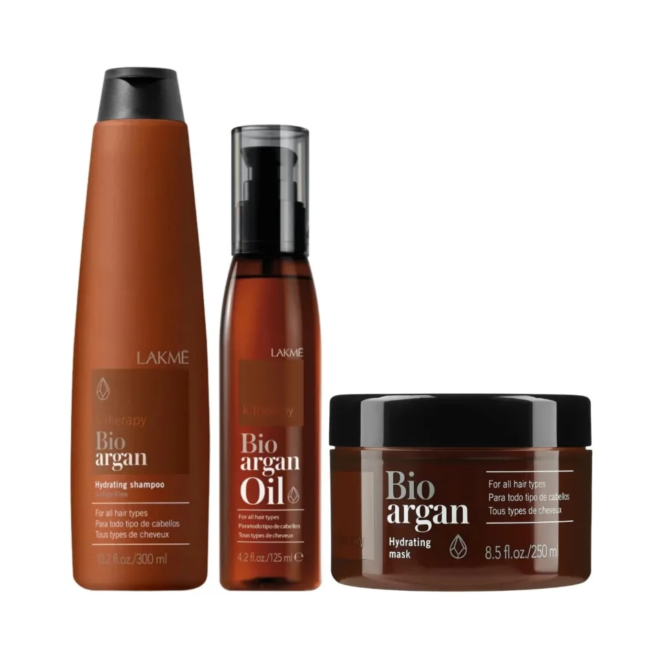 Set pentru par uscat si imbatranit, Lakme K.Therapy, Bio Argan, Sampon 300ml + Masca 250ml + Ulei 125ml