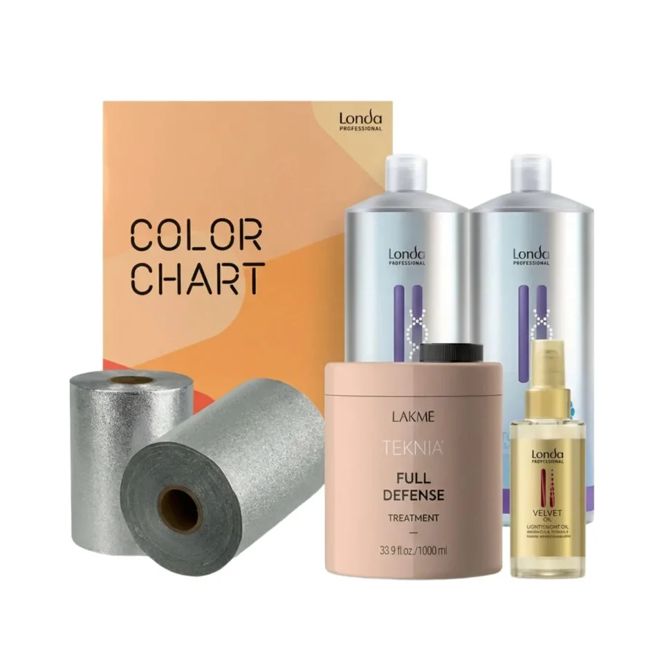Set Londa Professional TonePlex Pearl Blonde pentru păr blond, cu Lakmé Full Defense, Velvet Oil, folie Embo și catalog de culori Londa inclus
