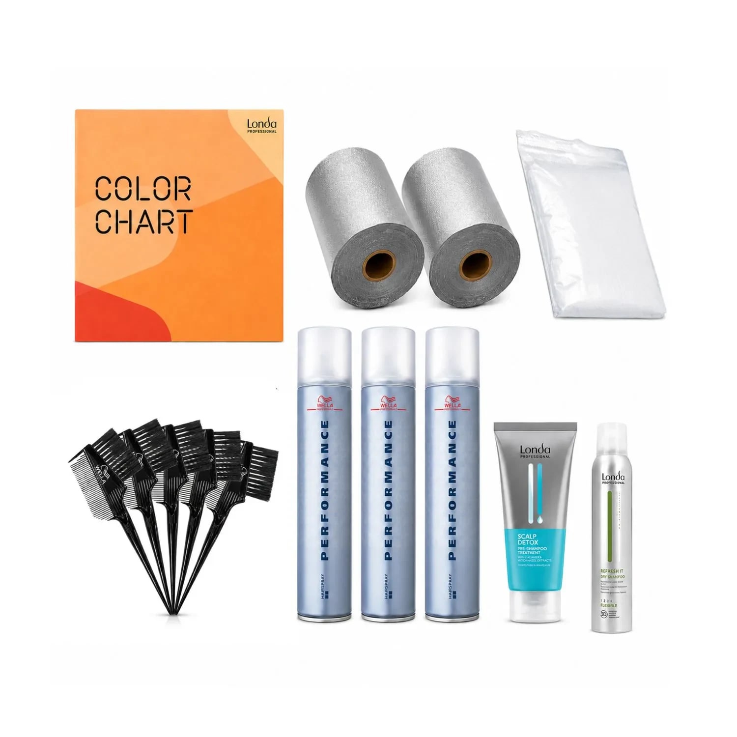 Set profesional pentru vopsire și styling, cu accesorii Comair și Wella, produse Londa Scalp Detox și Refresh It, folie Embo și catalog de culori Londa inclus