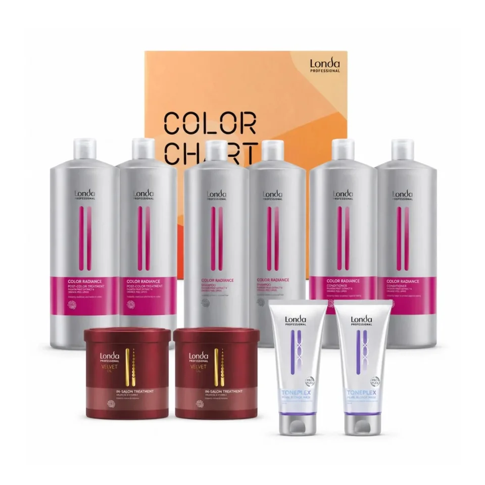 Set Londa Professional Color Radiance pentru păr vopsit, cu Velvet Oil, TonePlex Pearl Blonde și catalog de culori Londa inclus
