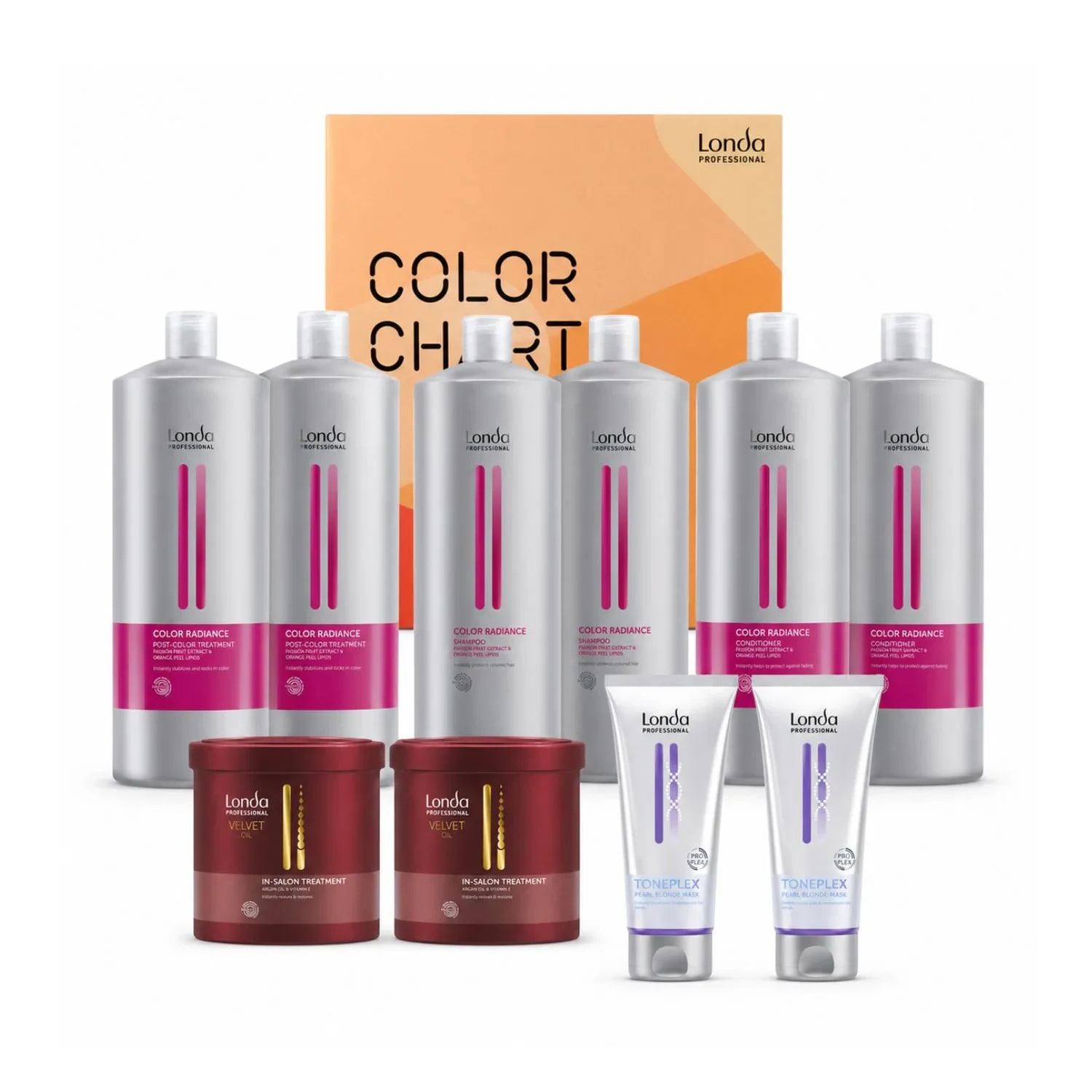 Set Londa Professional Color Radiance pentru păr vopsit, cu Velvet Oil, TonePlex Pearl Blonde și catalog de culori Londa inclus