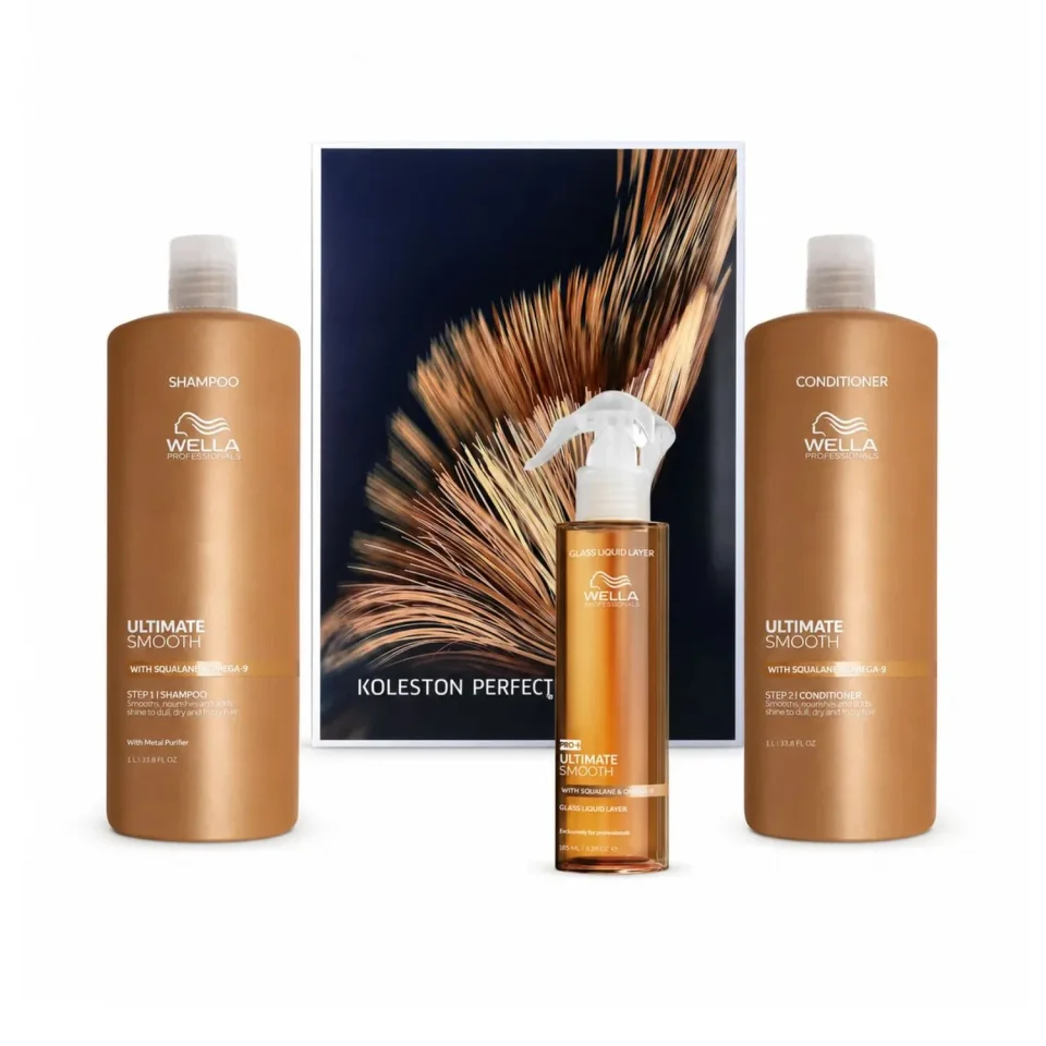 Set Wella Professionals Ultimate Smooth pentru păr uscat, cu protecție anti-umiditate și catalog Koleston inclus