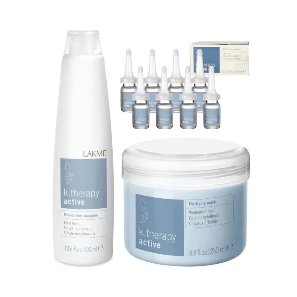 Set impotriva caderii parului, Lakme, K.Therapy Active, Sampon 300ml + Masca 250ml + Fiole 8x6ml