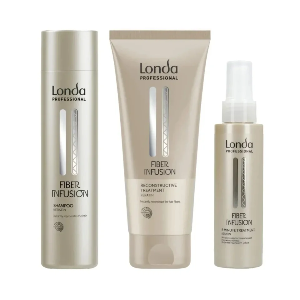 Pachet pentru păr deteriorat Londa Professional Fiber Infusion, Șampon 250 ml, Tratament 200 ml, Tratament Intensiv în 5 Minute 100 ml