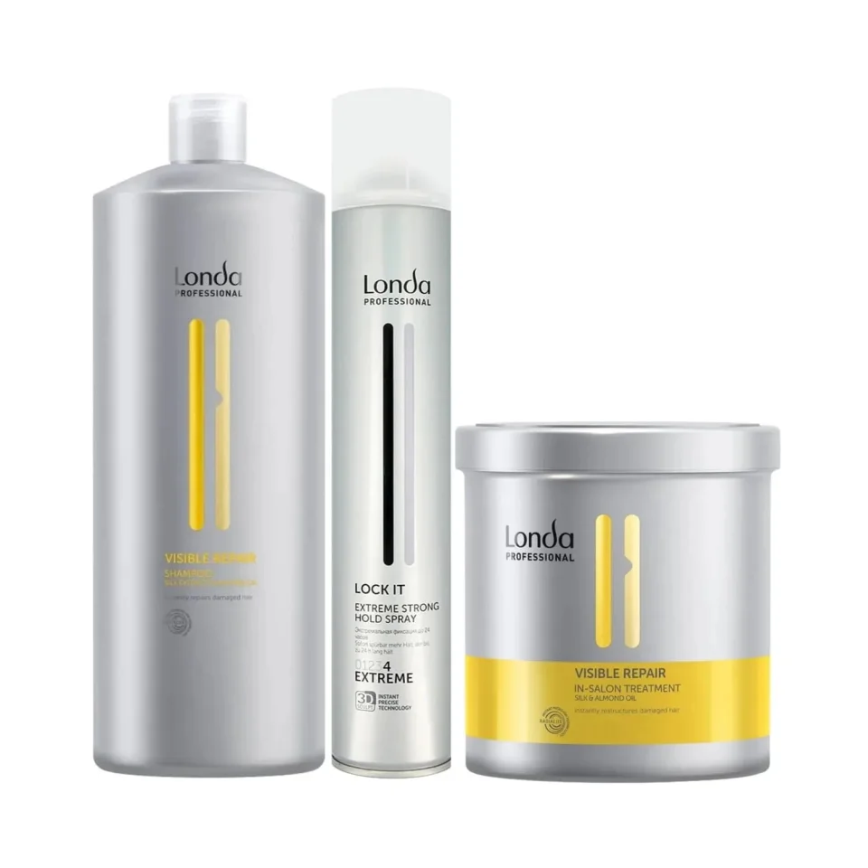 Pachet pentru păr deteriorat Londa Professional, Șampon Visible Repair 1000 ml, Tratament Visible Repair 750 ml, Fixativ Lock It 500 ml