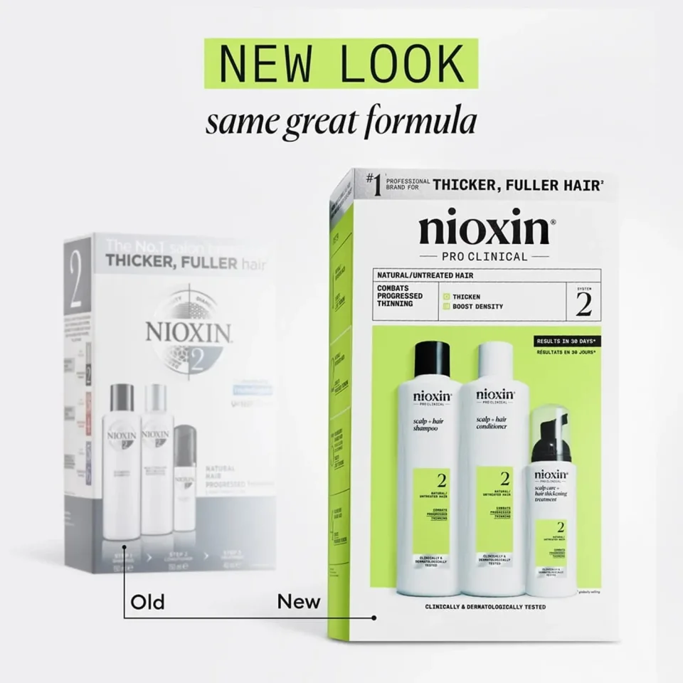 Set pentru păr natural cu subțiere avansată, Nioxin, System 2, Șampon 300 ml, Balsam 300 ml și Tratament 100 ml — imagine 2