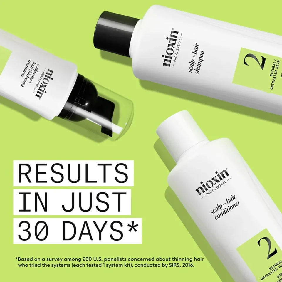 Set pentru păr natural cu subțiere avansată, Nioxin, System 2, Șampon 300 ml, Balsam 300 ml și Tratament 100 ml — imagine 8